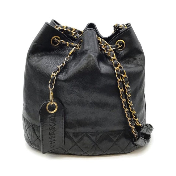 Chanel Drawstring Bucket Vintage Black Leather Sho
