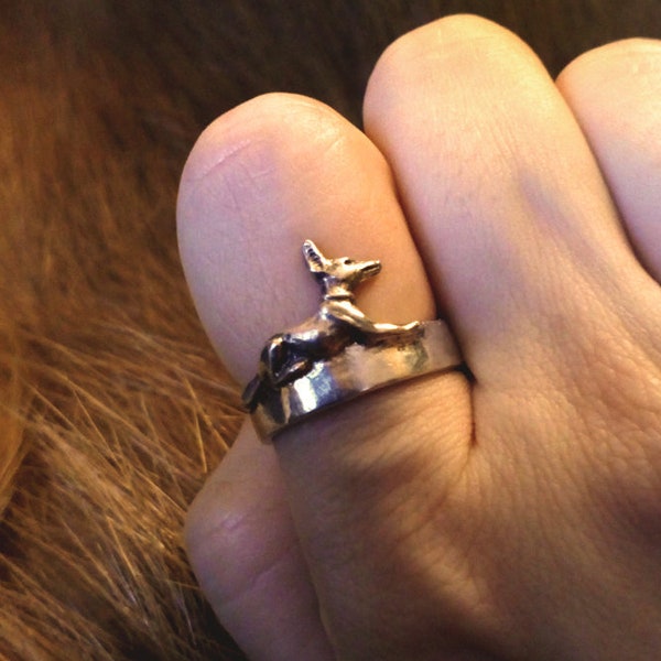 Anubis verstellbarer Ring, Schakal, alter ägyptischer Gott des Todes, Sterling Silber, oxidierter massiver 925, offener Ring