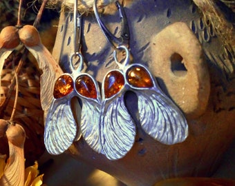 Sycamore maple seed earrings, Samara Winged seeds, , double-sided earrings, Fall