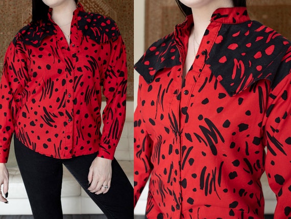 Bright Red & Black 80s 90s Style Button Down Shir… - image 1