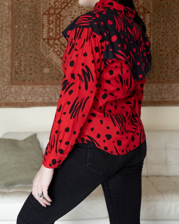 Bright Red & Black 80s 90s Style Button Down Shir… - image 3