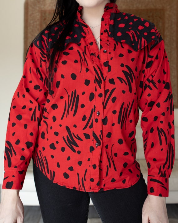 Bright Red & Black 80s 90s Style Button Down Shir… - image 9