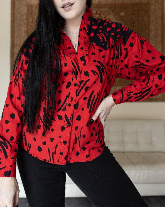 Bright Red & Black 80s 90s Style Button Down Shir… - image 10