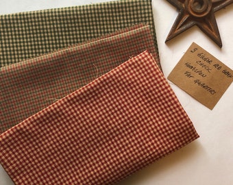 3 GINGER RED GREEN Small Check Homespun Fat Quarters 100% Cotton