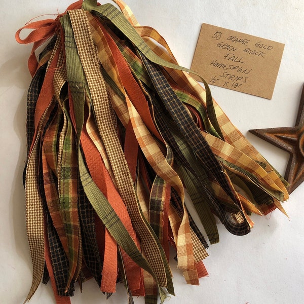 50 ORANGE GOLD GREEN Black Check Plaid Homespun Strips 1/2" x 18" Fall Craft Ties