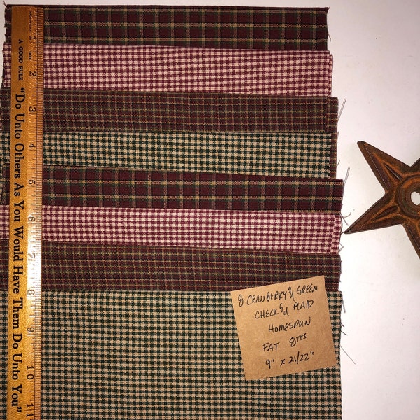 8 CRANBERRY and GREEN Check and Plaid 100% Cotton Homespun Fat 8th Scraps