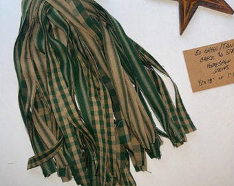 50 GREEN/TAN Check and Stripe Homespun Strips 1/2" x 18" or 1" x 18" You Choose