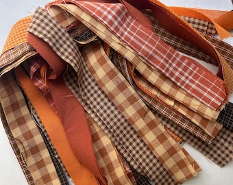 50 FALL INDIAN CORN  Gold Brown Orange Check Plaid Stripe Homespun and Cotton Strips 1/2" x 18" or 1" x 18 You Choose