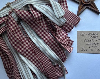 50 CRANBERRY and CREAM Check and Stripe Homespun Strips 1" x 18" or 1/2" x 18" You Choose Primitive Country Craft Ties and Crafting.