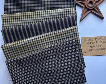 5 GOLD and Black Stripe and Check  Homespun Fat Quarters 100% Cotton