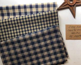 3 NAVY BLUE Check and Plaid Homespun Fat Quarters 100% Cotton