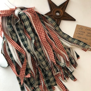 50  Christmas CREAM GREEN & RED Stripe Plaid Check Homespun Strips 1/2&quot; x 18&quot; 0r 1&quot; x 18&quot; You Choose  Craft Ties