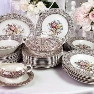 Antique English transferware dinner service with floral pattern, Wedding gift, home deco - Free shipping
