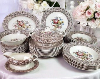 Antique English Transferware Dinner Service, Floral Pattern, Hanley Pottery