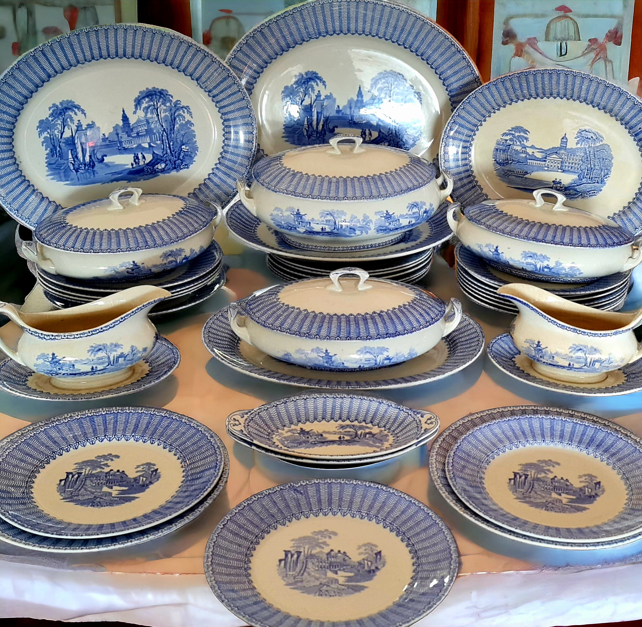 Antique English Soho Cobridge solian ware dinner service in blue - "Pandora"