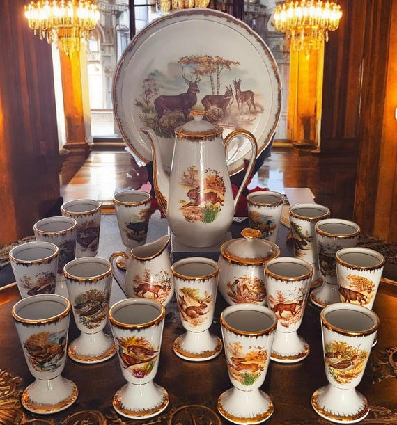 French Limoges Hunting Tea & Coffee Set, Game Animal Motifs, Gold