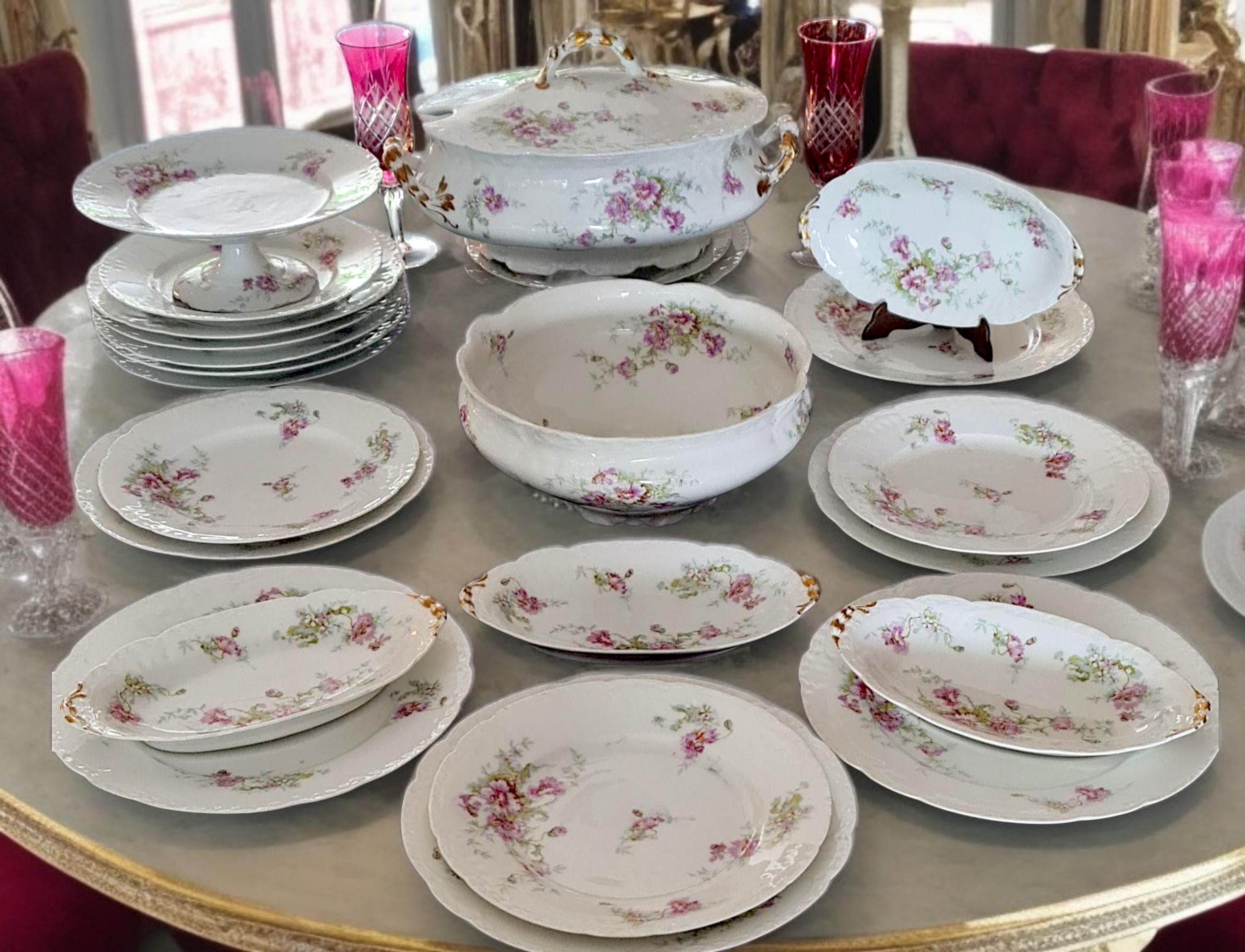 Reserved Item - French Limoges Dinner Set With Pink Flowers