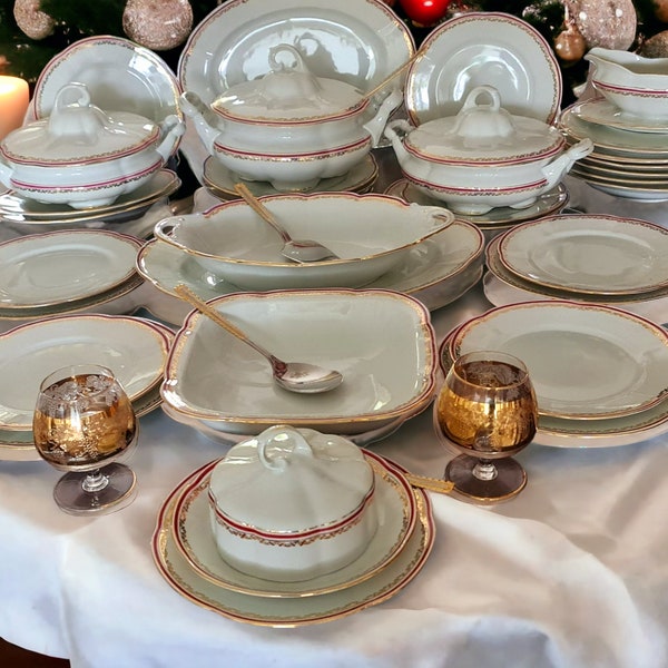 Complete dinner service for 12 with red and gold ornate trim, Wedding gift, Anniversary gift