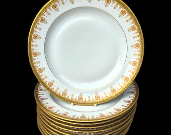 Juego de 10 platos de porcelana de Limoges con borde dorado, regalo de boda, regalo de aniversario.
