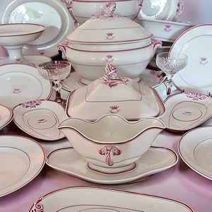 Antique french old Paris Empire dinner service with monogram in  pink, Anniversary gift, Wedding gift