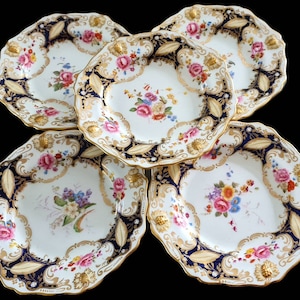 Antique Hammersley & Co gold raised/cobalt plates 5x with floral centre - Anniversary gift - Home decoration