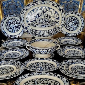 Antique English Plum Blossom blue chinoiserie Dinner set for 6, Wedding gift, Anniversary gift