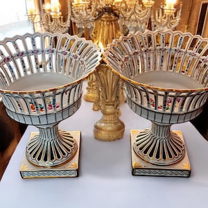 Antyczny drezdeński porcelanowy kasztanowy pleciony kosz na nóżkach, Art Deco Home, pomysły na prezenty