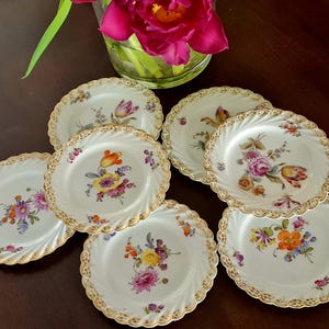 Nymphenburg set of 7 floral cake plates, hand painted and gold trim