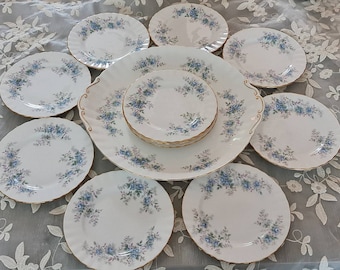 May include: A set of nine white porcelain plates with a floral pattern in shades of blue and green. The plates are arranged in a circle with a larger plate in the center.
