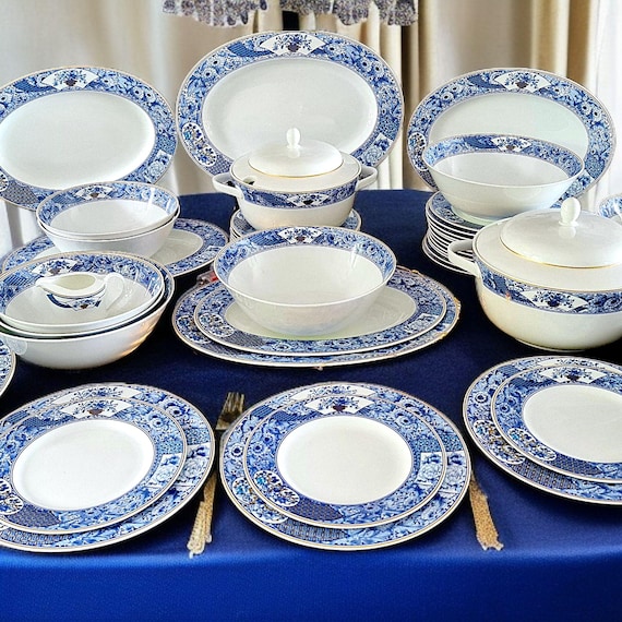 Seltenes Hutschenreuther Concorde Blue & White Bone China Chinoiserie Geschirr-Set, Hochzeitsgeschenk, Geburtstagsgeschenk