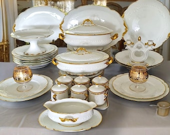 Antiek Limoges-servies met gouden rand en decor in reliëf, jubileumcadeau, huwelijkscadeau