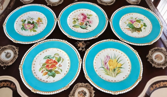 Rare Copeland Spode 19th Century Set of 5 Plates in Aqua Blue
