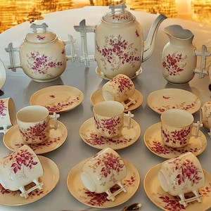 French hand painted Tea service in pink 27 pieces, Art home deco, gift idea