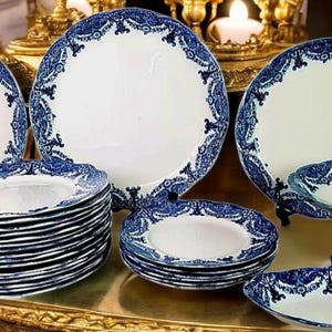  - BISHOP & STONIER イギリス　ヴィンテージ　大皿　34 Antique Bishop & Stonier Blue Dinner Service, English China, 1890s