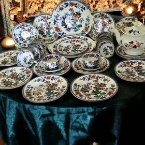 Antiguo inglés Francis Morley &quot;Casket Japan&quot; Juego de té y pastel en chinoiserie azul fluido - Envío gratuito