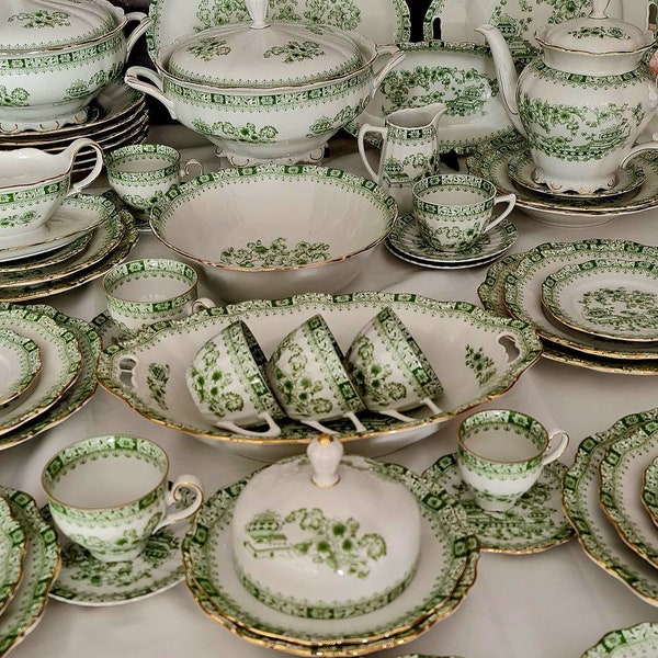 Chinoiserie green dinner and tea/coffee service, Wedding gift, Anniversary gift - Free shipping