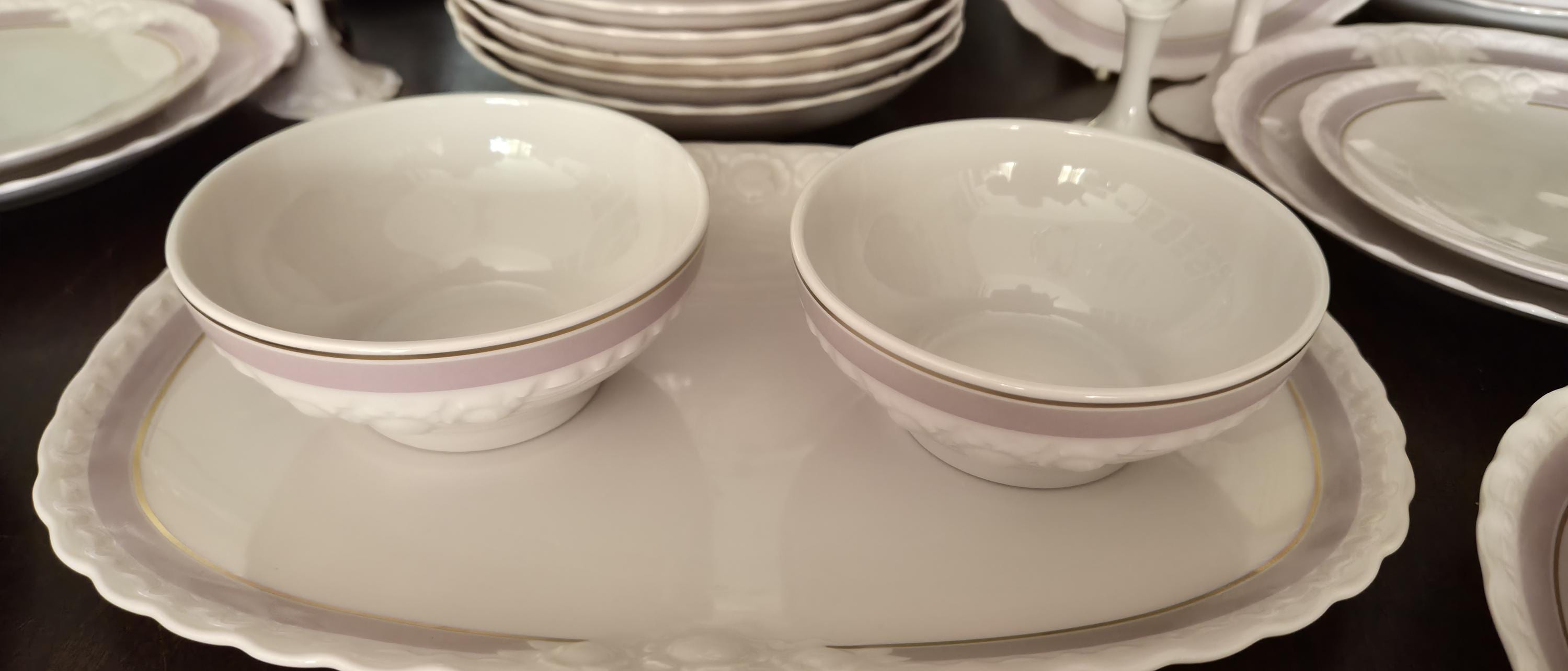 German Hutschenreuther Pink Porcelain Dinner Set for 6, Gold Trim