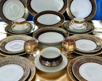 Zeldzaam Weimar Duitsland servies in kobaltblauw met gouden bies, Huwelijkscadeau - Gratis verzending