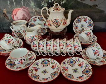Antique Minton first period chinoiserie tea service - hand painted