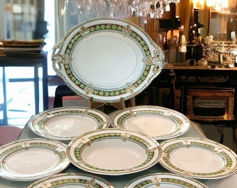 Antique Davenport & Co set with green leaf rim and lusterware