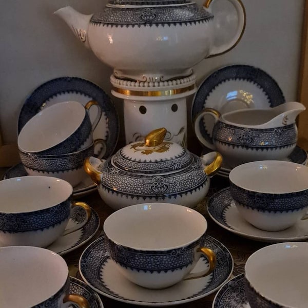 Service à thé anglais antique de Baker&Co ltd décor Wembley en bleu, Cadeau de mariage, Cadeau d’anniversaire