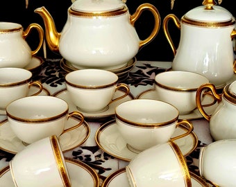 Antique Limoges Tea Service, Gold Greek Key, 34 pc