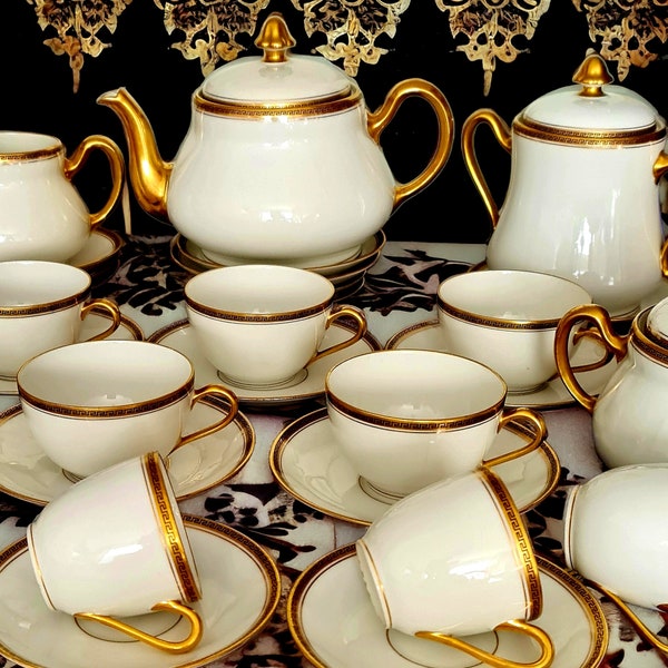 Service à thé Français antique 34x de Limoges, Or avec bord de clé grecque, Cadeau d'anniversaire, Mariage - Livraison gratuite