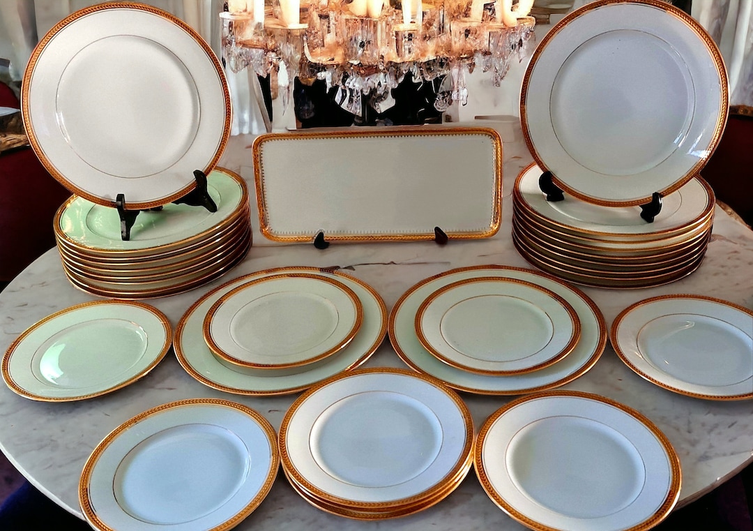 Limoges French Porcelain Dinnerware Set, Gold Palmette Rim, 24