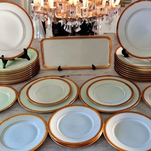 Limoges French part of a dinner service with 14 dinner plates and double gold palmettes rim, Wedding gift  Anniversary gift