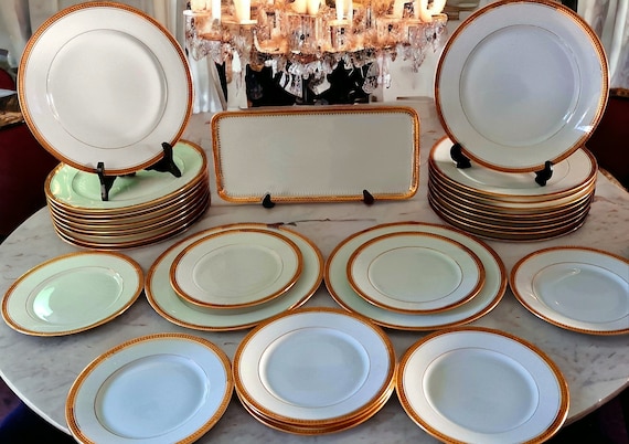 Limoges French Porcelain Dinnerware Set, Gold Palmette Rim, 24