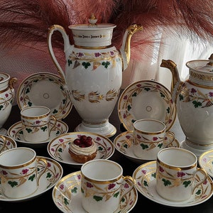 Antique Empire old Paris Tea service with Swan spout & hand painted grape vine leaves, Wedding gift, Anniversary gift-Free shipping