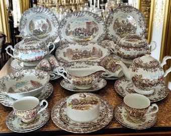Country home vintage English dinner and tea set with &quot;Coaching Scenes&quot;, Anniversary gift, Wedding gift