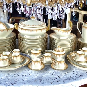 Antiguo juego de té y cena francés de Limoges de 85 piezas con detalles dorados, regalo de boda, regalo de aniversario
