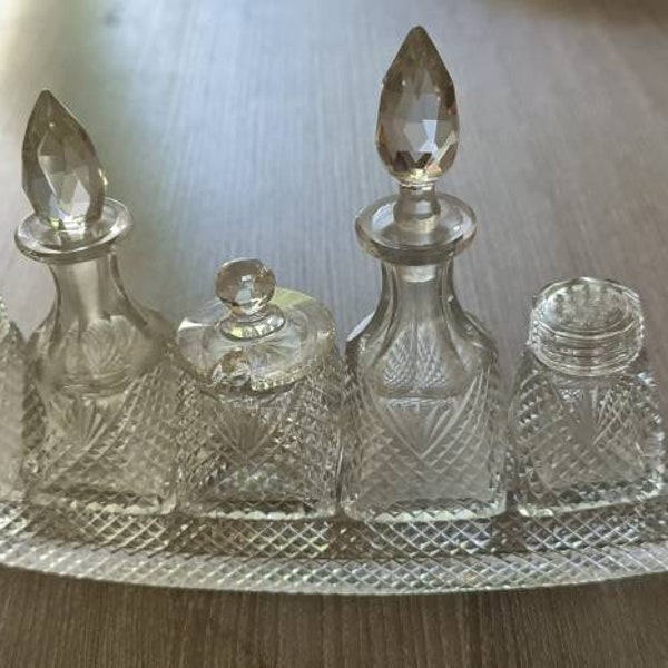 Antique crystal condiment, cruet set in boat shape, gift idea- Free shipping